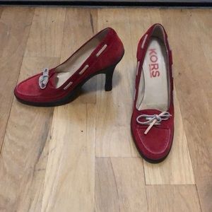 Kors red suede heels with bow and leather trim 6